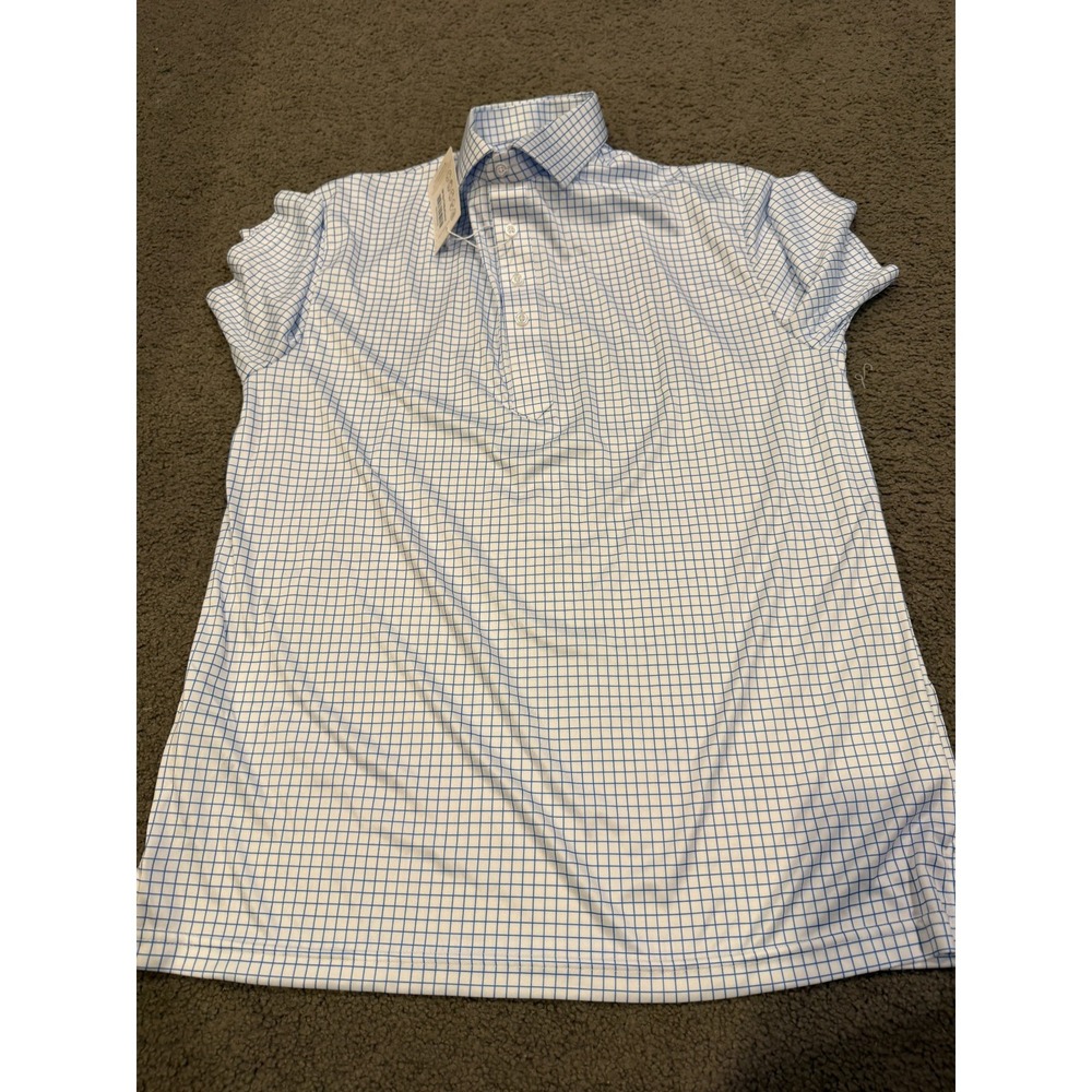 Collar And Co Mens Short Sleeve Polo Blue White Square Size Medium NWT